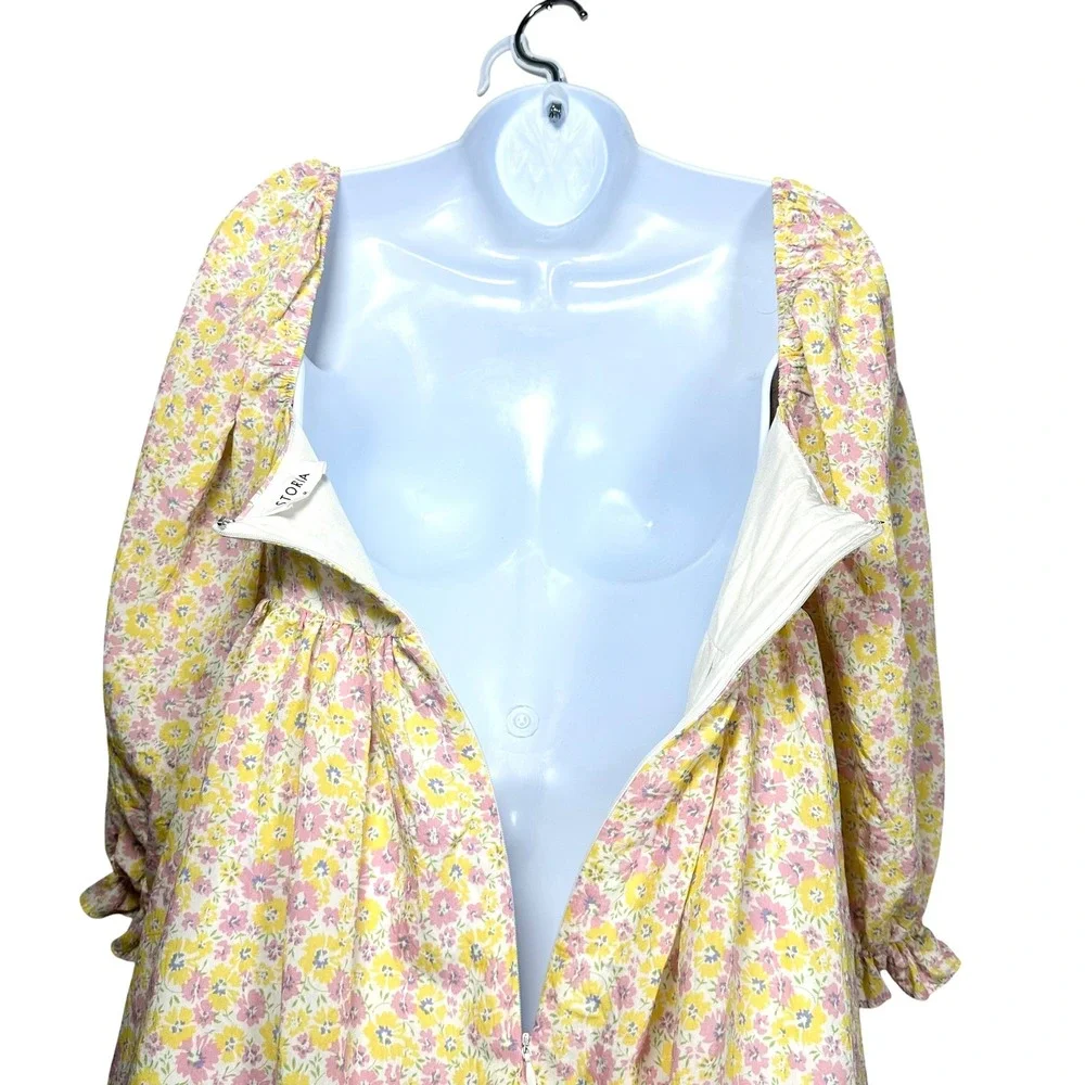 Storia Yellow Floral Puff Sleeve Babydoll Mini Dress M Square Neck Cottagecore - Picture 9 of 12